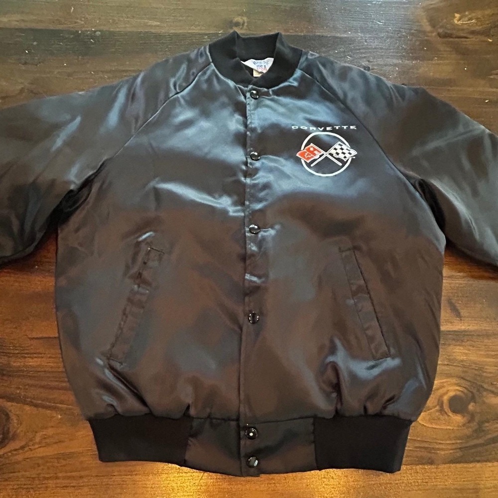 Vintage West Ark Corvette Satin Jacket Men's Medium USA Racing Car Emblem‎ Black